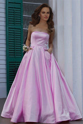 Long A-line Strapless Satin Foraml Prom Dress With Pockets
